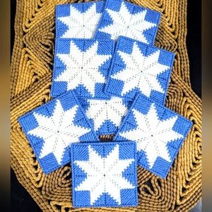 Vintage Blue and White Cross Stitch Coasters with 8 Point Star Set 8